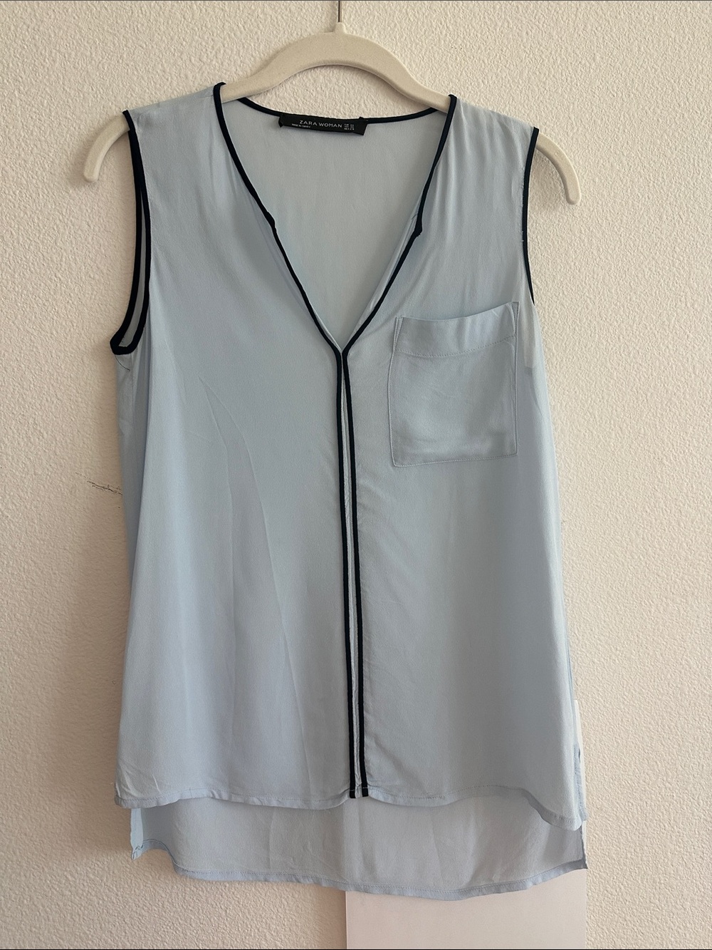 Zara Light Blue Sleeveless V-Neck Tank with Black Trim